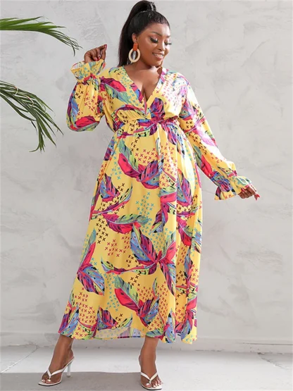 Printed V Neck Plus Size Maxi Dresses - Image 3