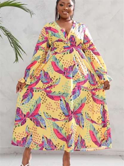 Printed V Neck Plus Size Maxi Dresses - Image 4