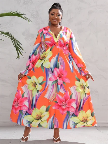 Printed V Neck Plus Size Maxi Dresses