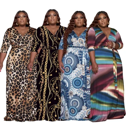 Printed V Neck Plus Size Maxi Dress - Image 2