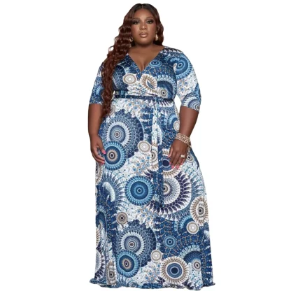 Printed V Neck Plus Size Maxi Dress - Image 3
