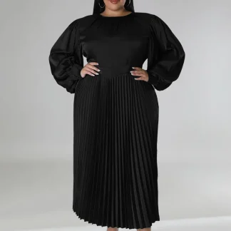 O Neck Pleated Plus Size Maxi Dress