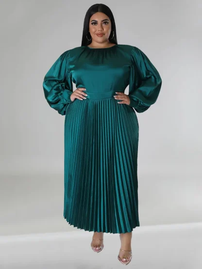 O Neck Pleated Plus Size Maxi Dress - Image 3