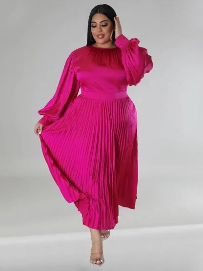 O Neck Pleated Plus Size Maxi Dress - Image 5