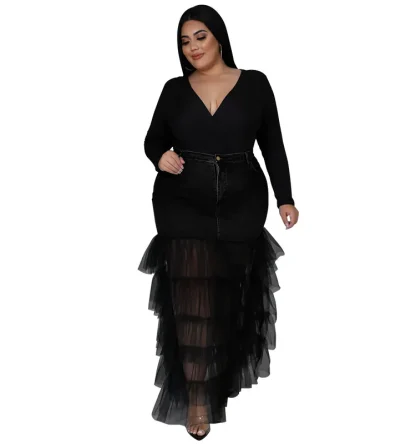 Denim Mesh Plus Size Maxi Dress